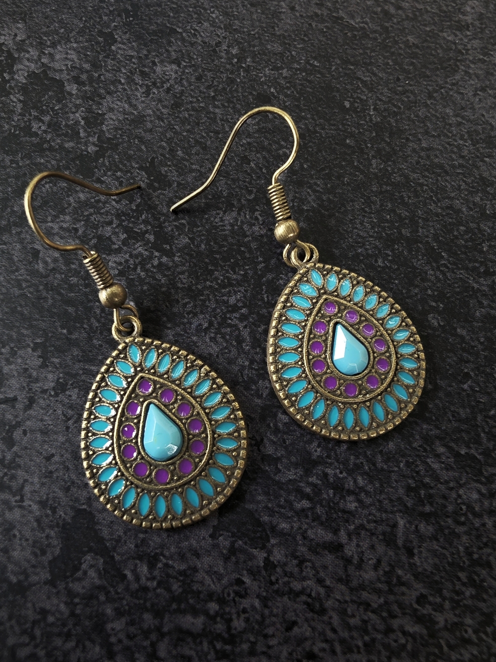 Vintage Bronze Enamel Mandala Dangle Statement Earrings Boho Jewelry Green